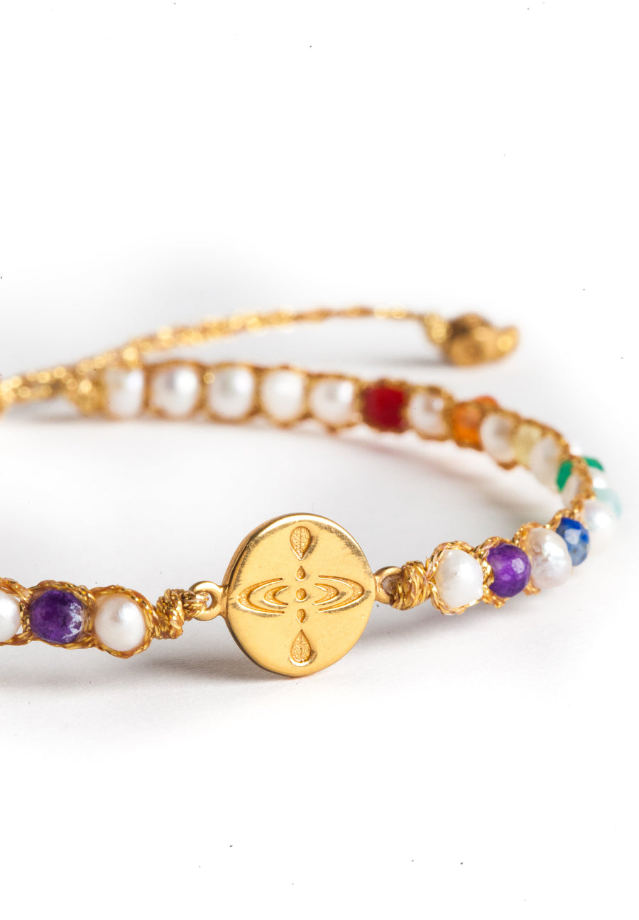 Mindfulness 7 Chakras Pearl Bracelet | Gold